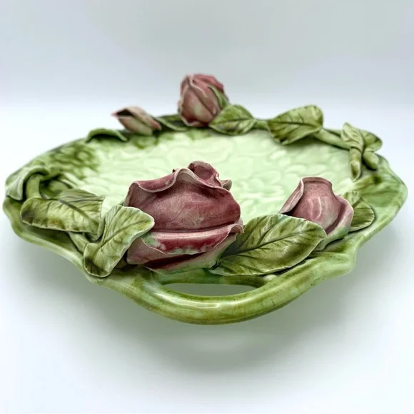 Vintage Majolica Pottery Platter 12” Green Leaves Pink Capodimonte Raised Roses - Picture 6 of 16